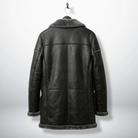 Back view of long men’s grey sheepskin shearling coat