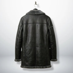 Back view of long men’s grey sheepskin shearling coat