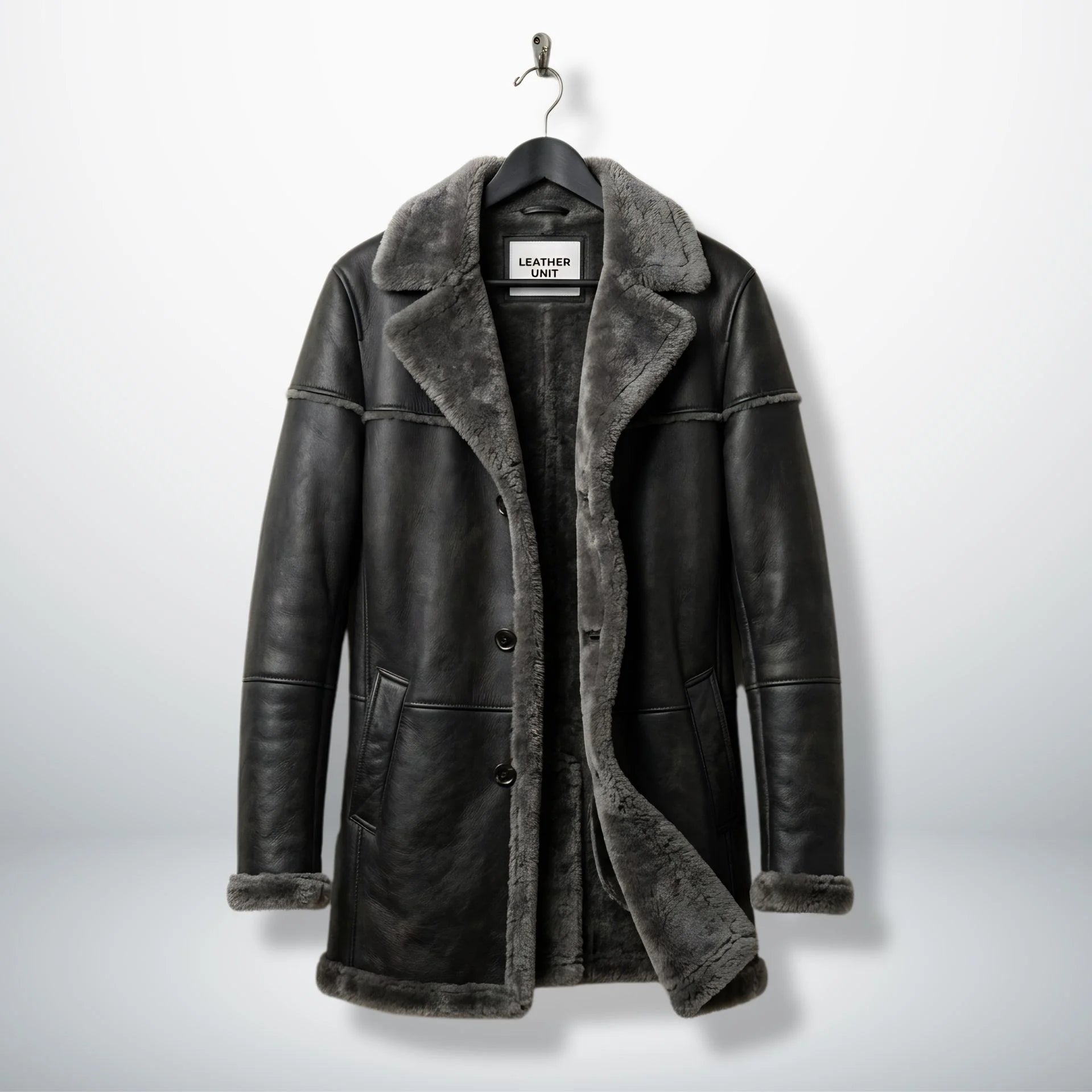 Front view of men’s grey shearling leather parka coat by Leather Unit