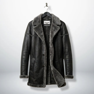 Front view of men’s grey shearling leather parka coat by Leather Unit