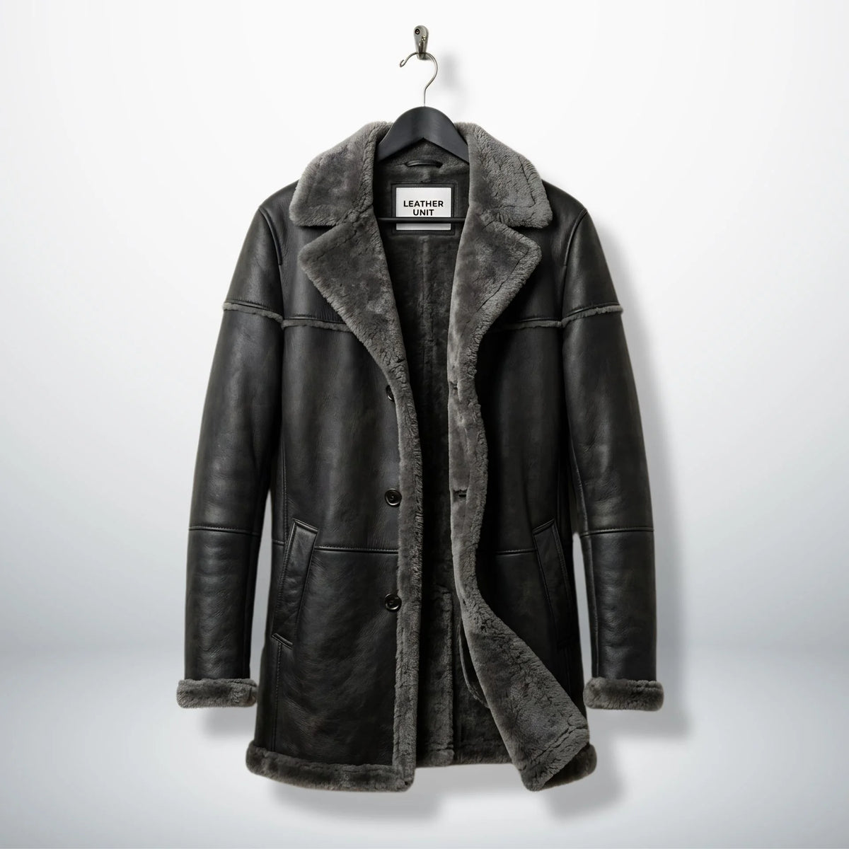 Front view of men’s grey shearling leather parka coat by Leather Unit
