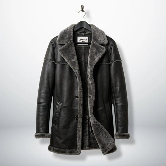 Front view of men’s grey shearling leather parka coat by Leather Unit