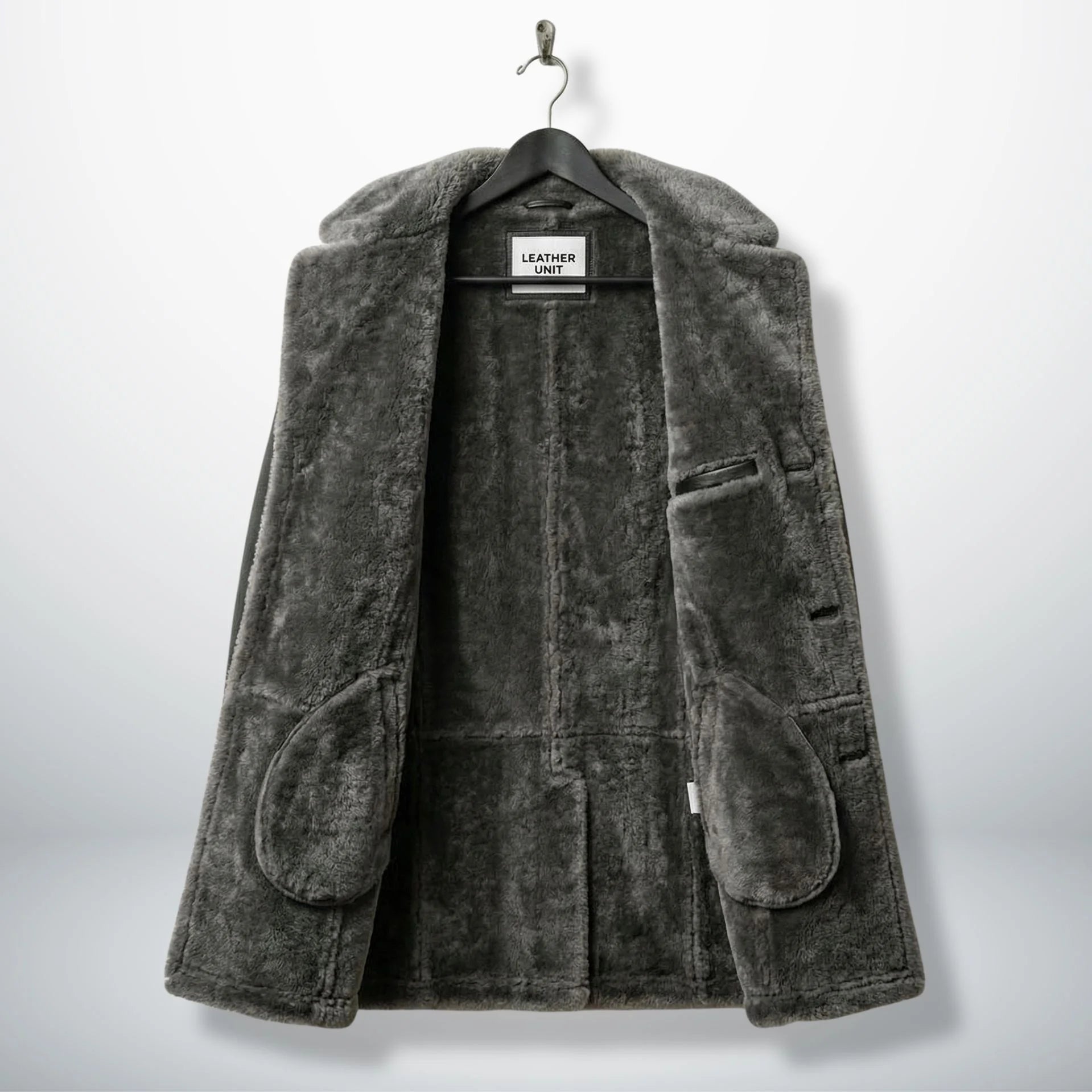 Inside view of fully shearling lined men’s grey fur parka coat
