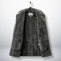 Inside view of fully shearling lined men’s grey fur parka coat