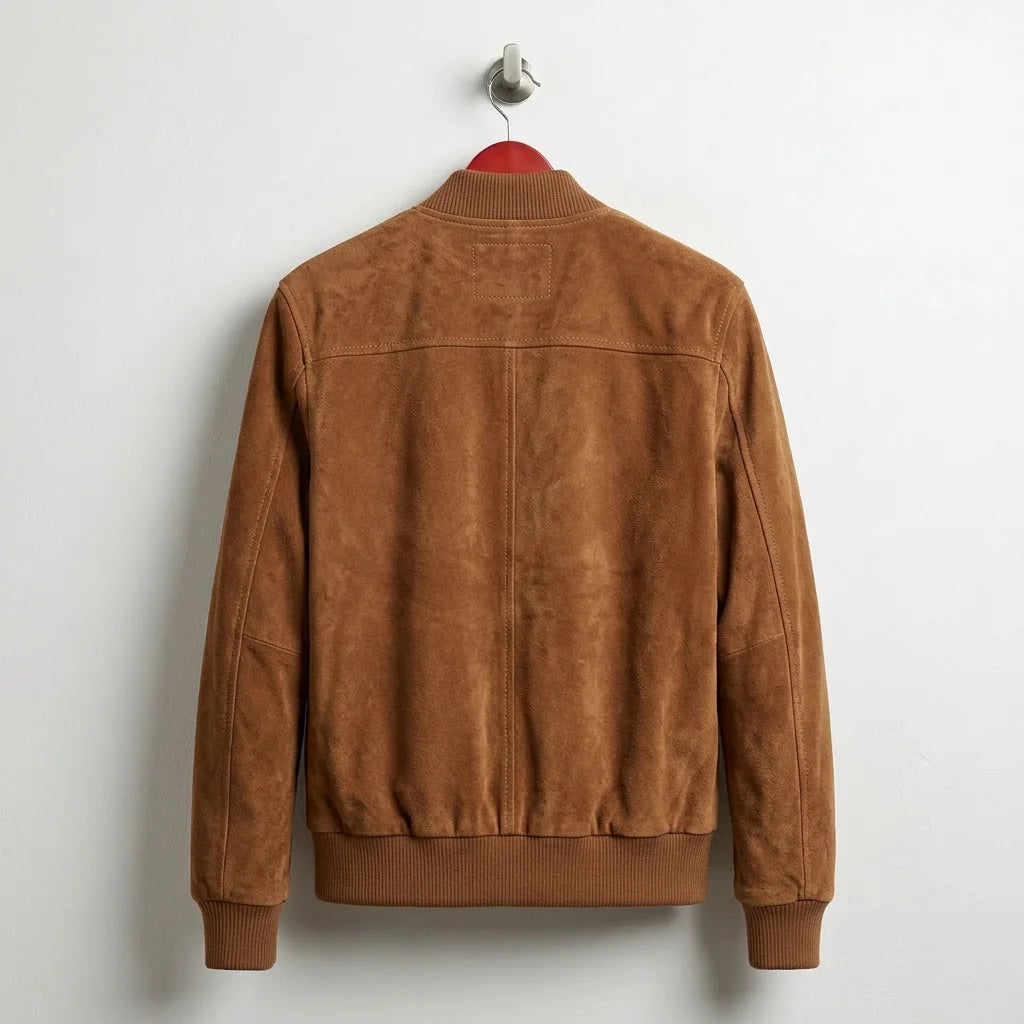 Back view of men's mocha brown suede bomber jacket with ribbed hem