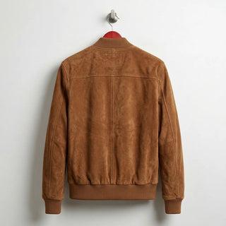 Back view of men's mocha brown suede bomber jacket with ribbed hem