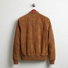 Back view of men's mocha brown suede bomber jacket with ribbed hem