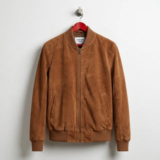 Front view of men's mocha suede leather bomber jacket by Leather Unit