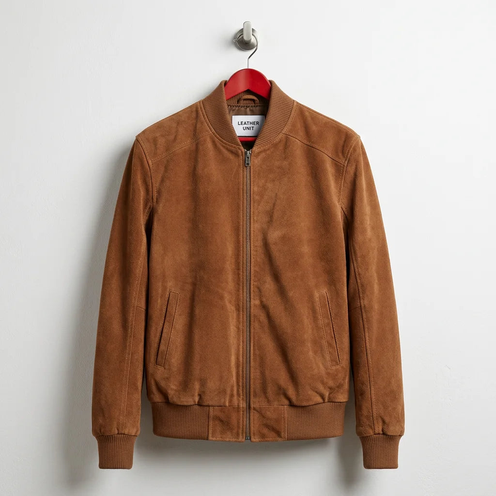 Front view of men's mocha suede leather bomber jacket by Leather Unit