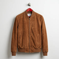 Front view of men's mocha suede leather bomber jacket by Leather Unit
