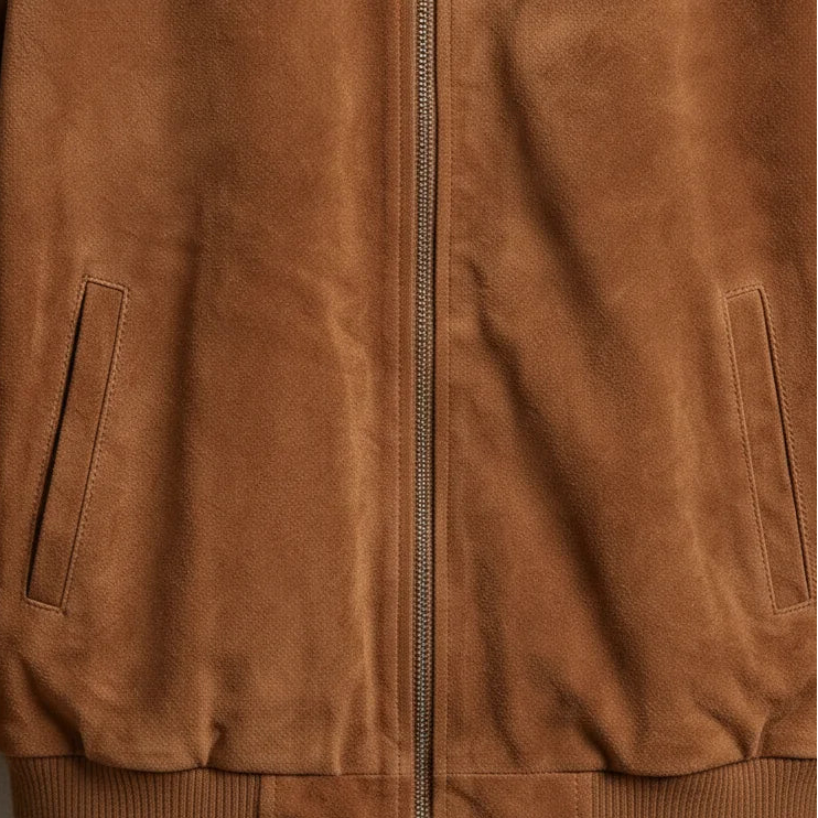 Front zipper and welt pocket detail on men's mocha suede bomber jacket