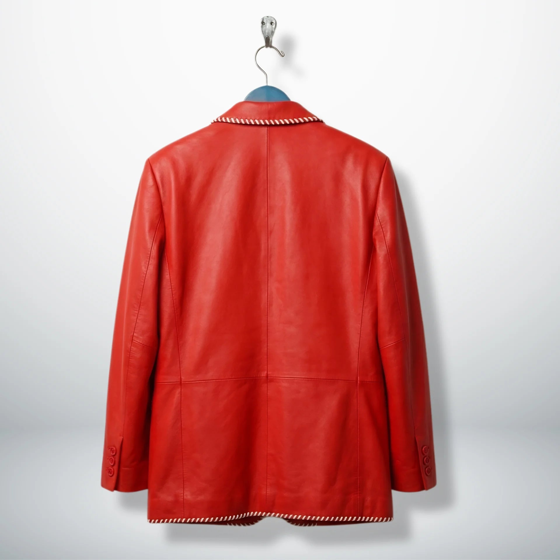 Back view of men’s red medieval style leather blazer jacket