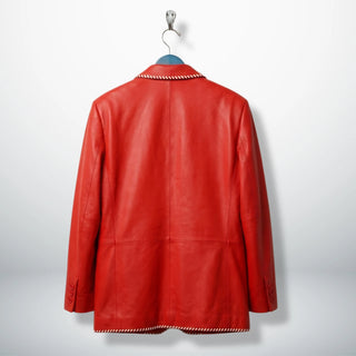 Back view of men’s red medieval style leather blazer jacket