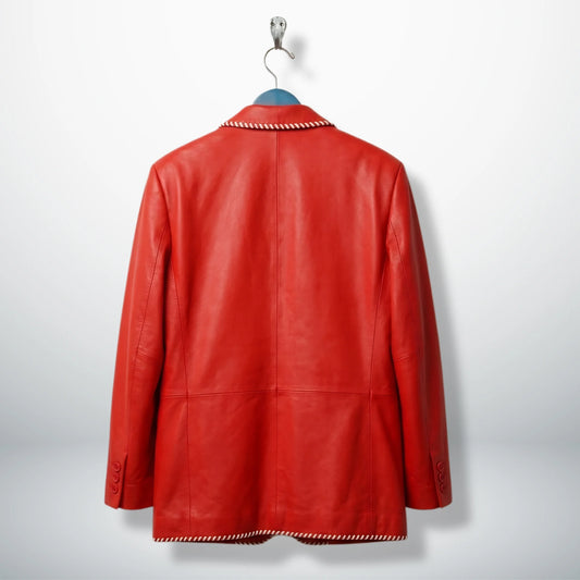 Back view of men’s red medieval style leather blazer jacket