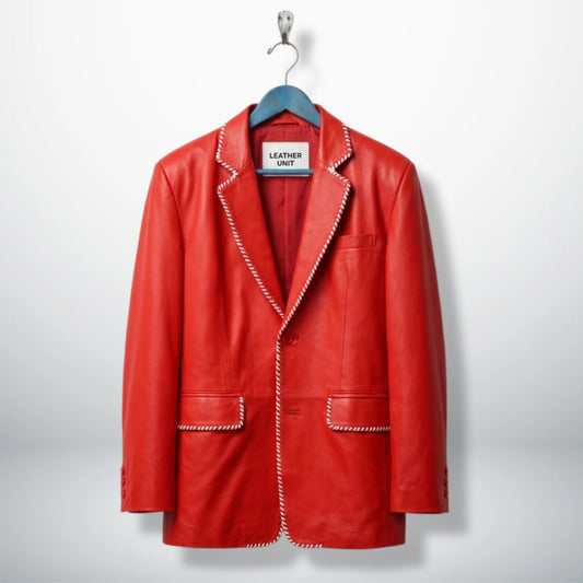 Front view of men’s red leather blazer with white striped trim by Leather Unit