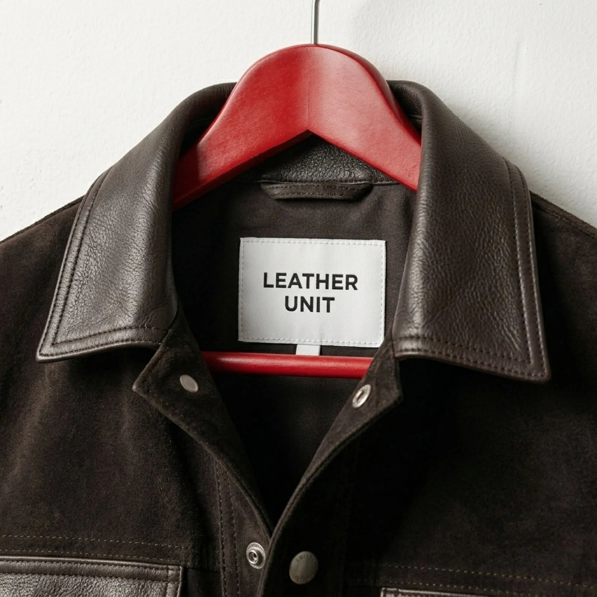 Close-up of smooth leather collar on men's brown suede trucker jacket by Leather Unit