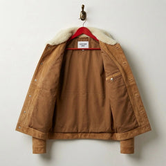 Interior lining and inner pocket of men's tan suede trucker jacket