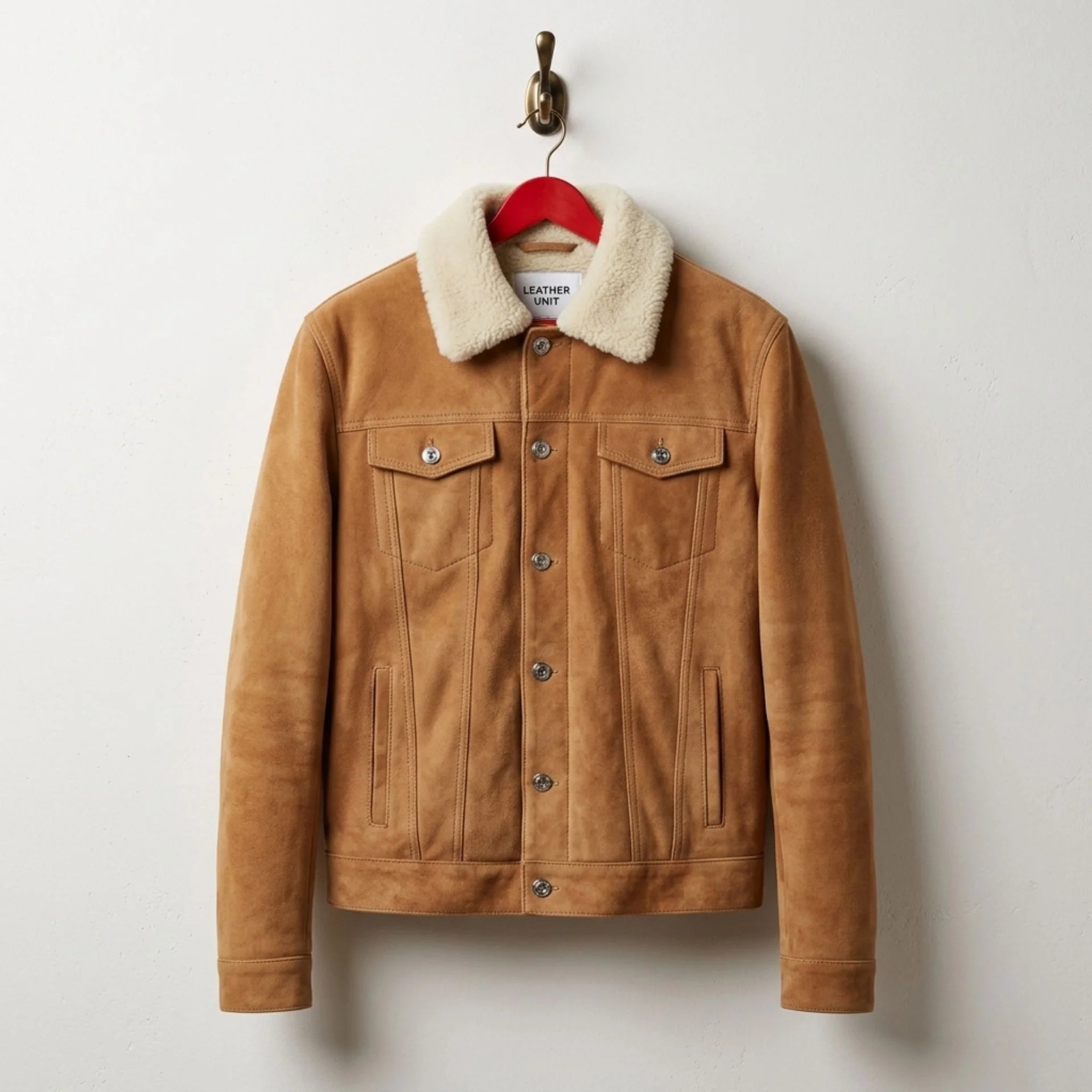 Front view of men's tan suede trucker jacket with shearling collar by Leather Unit