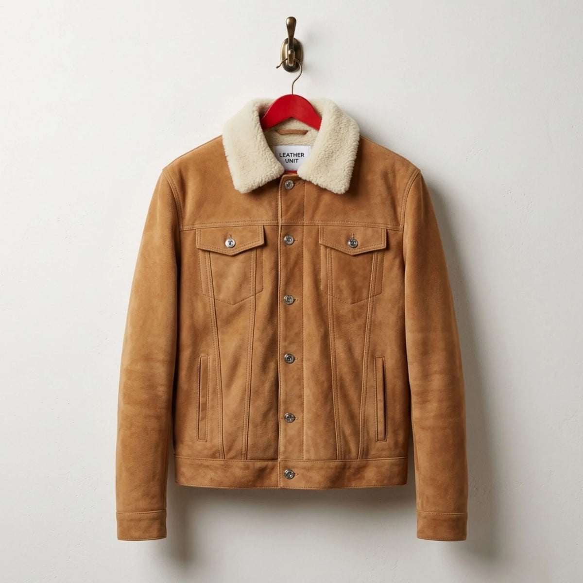 Front view of men's tan suede trucker jacket with shearling collar by Leather Unit