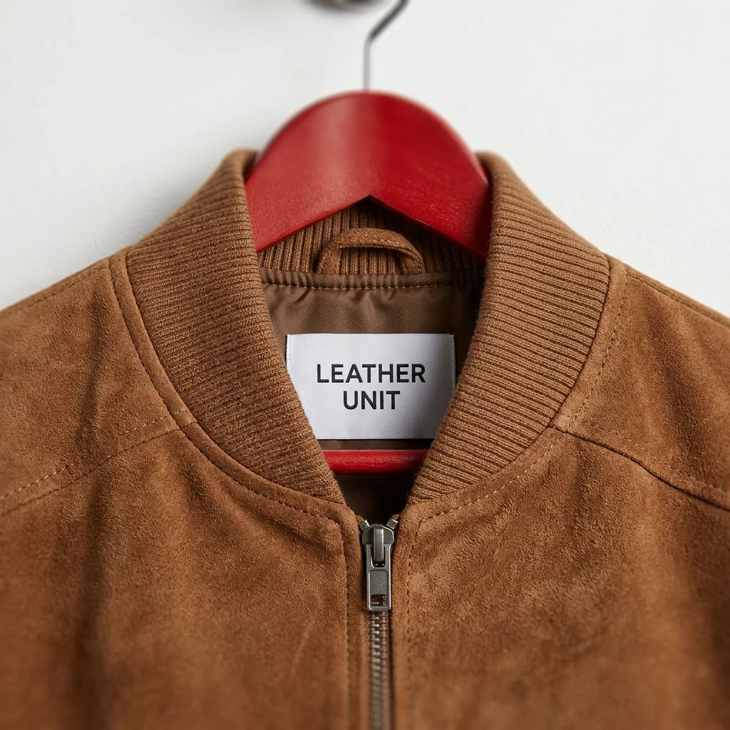 Close-up of ribbed collar on men's mocha suede bomber jacket by Leather Unit