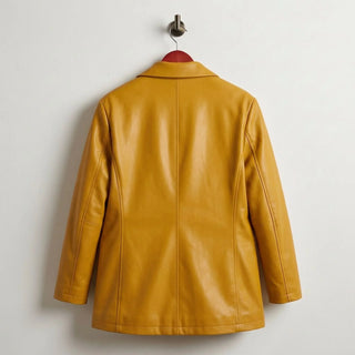 Back view of tailored mustard yellow leather blazer jacket for women