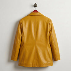 Back view of tailored mustard yellow leather blazer jacket for women