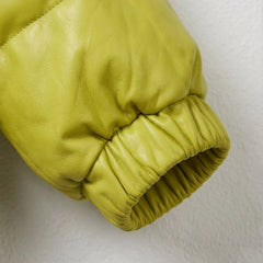Elastic cuff detail on unisex neon lime leather puffer jacket