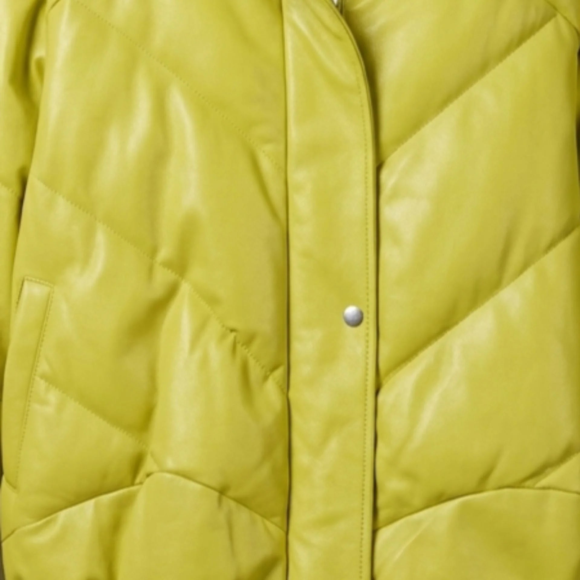 Chevron quilted front detail of unisex neon lime puffer leather jacket