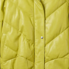 Chevron quilted front detail of unisex neon lime puffer leather jacket