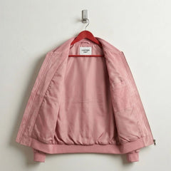 Interior pink lining of unisex pink suede leather bomber jacket