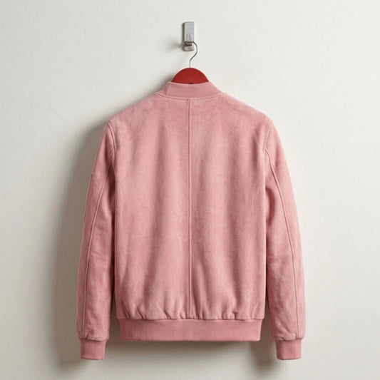 Back view of pastel pink suede bomber jacket with ribbed hem