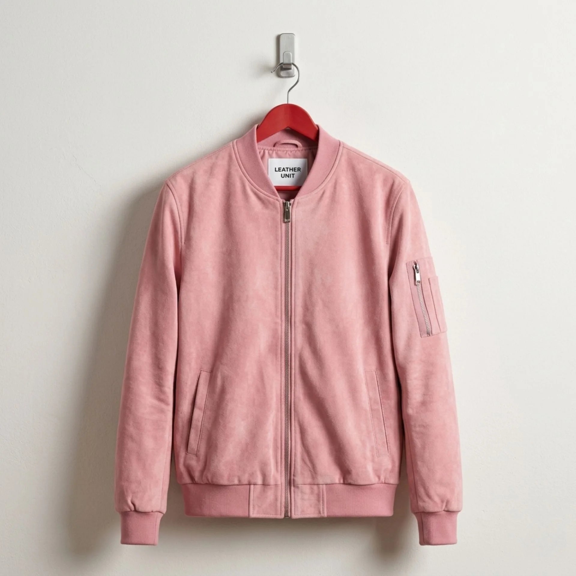 Front view of pink suede leather bomber jacket by Leather Unit