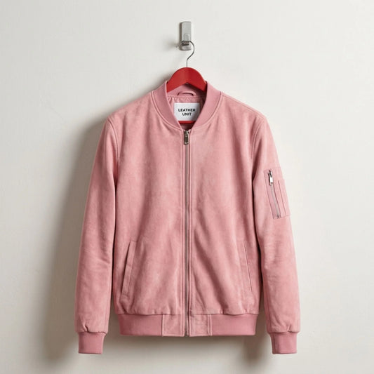 Front view of pink suede leather bomber jacket by Leather Unit