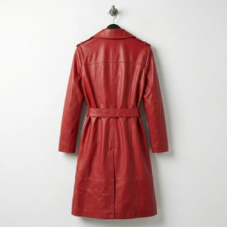 Back view of long belted red leather trench coat with tailored seams