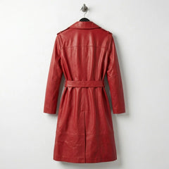 Back view of long belted red leather trench coat with tailored seams