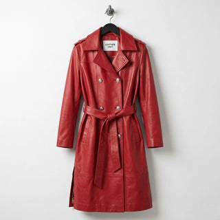 Front view of women’s double breasted red leather trench coat by Leather Unit