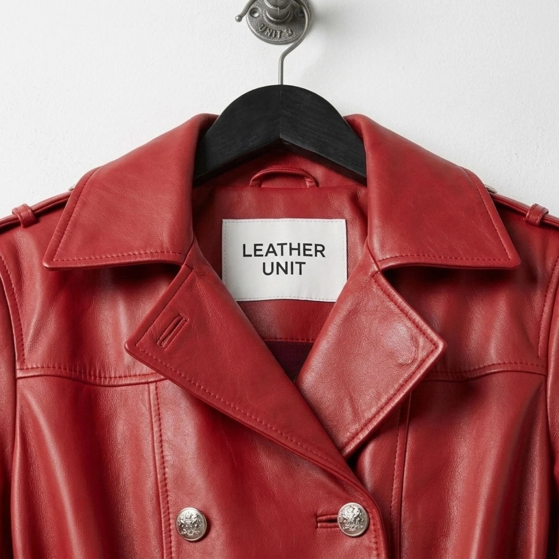Close up of lapel collar and Leather Unit label on red leather trench coat