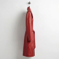 Side profile of full‑length red leather trench coat for women