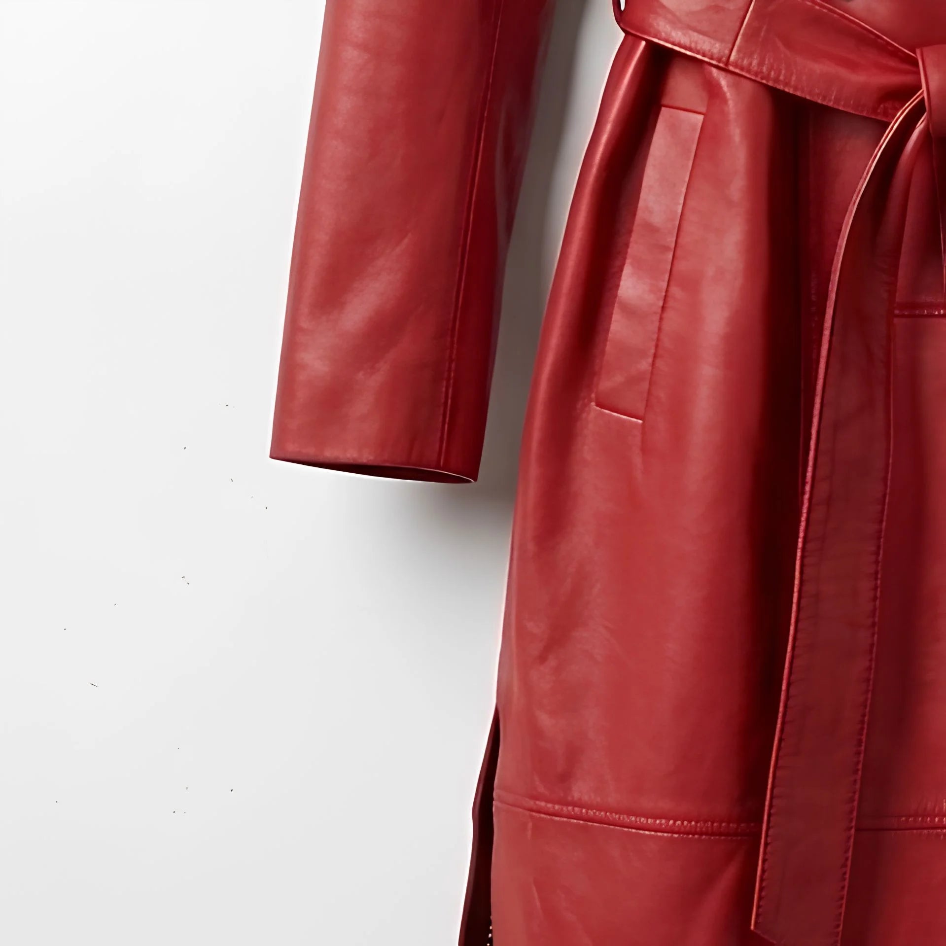 Sleeve and pocket detail on women’s red leather trench coat