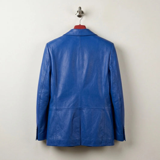 Back view of women’s royal blue leather blazer jacket