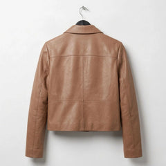 Women's tan cropped leather shirt jacket back view with clean panelled design