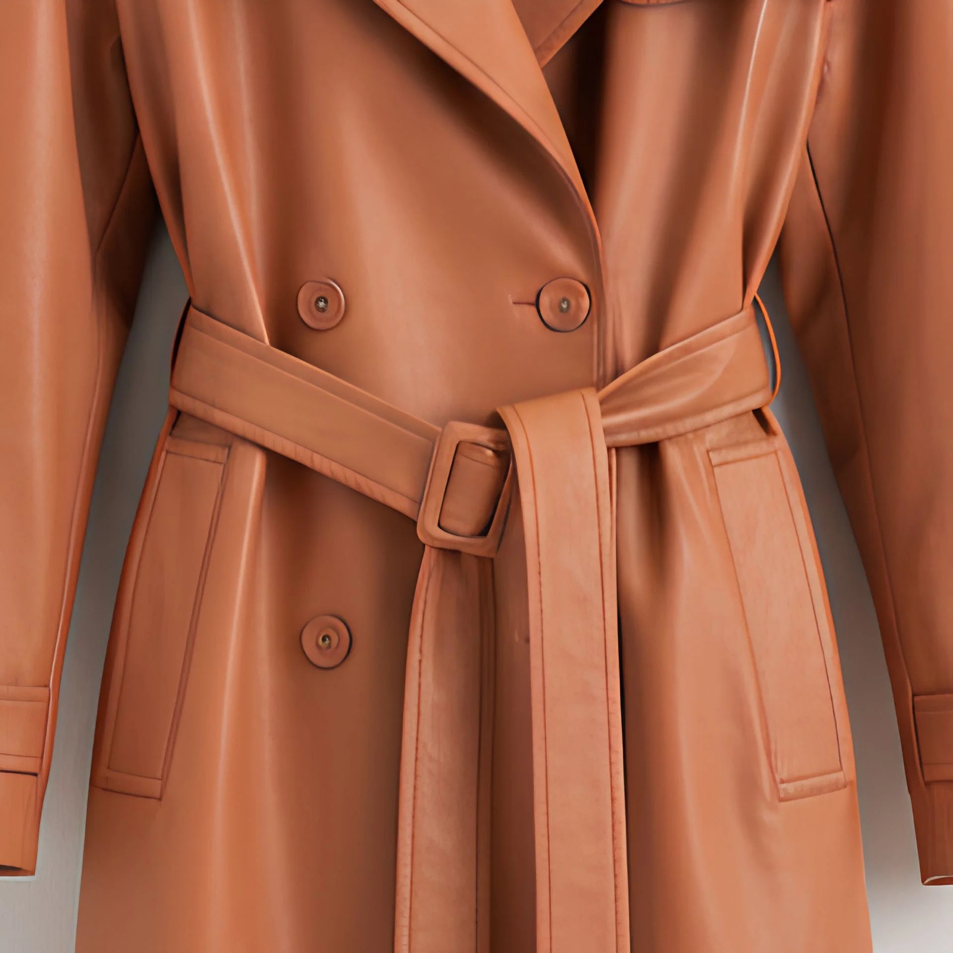 Belted waist and double breasted buttons on tan leather trench coat