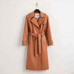 Front view of women’s tan double breasted leather trench coat by Leather Unit
