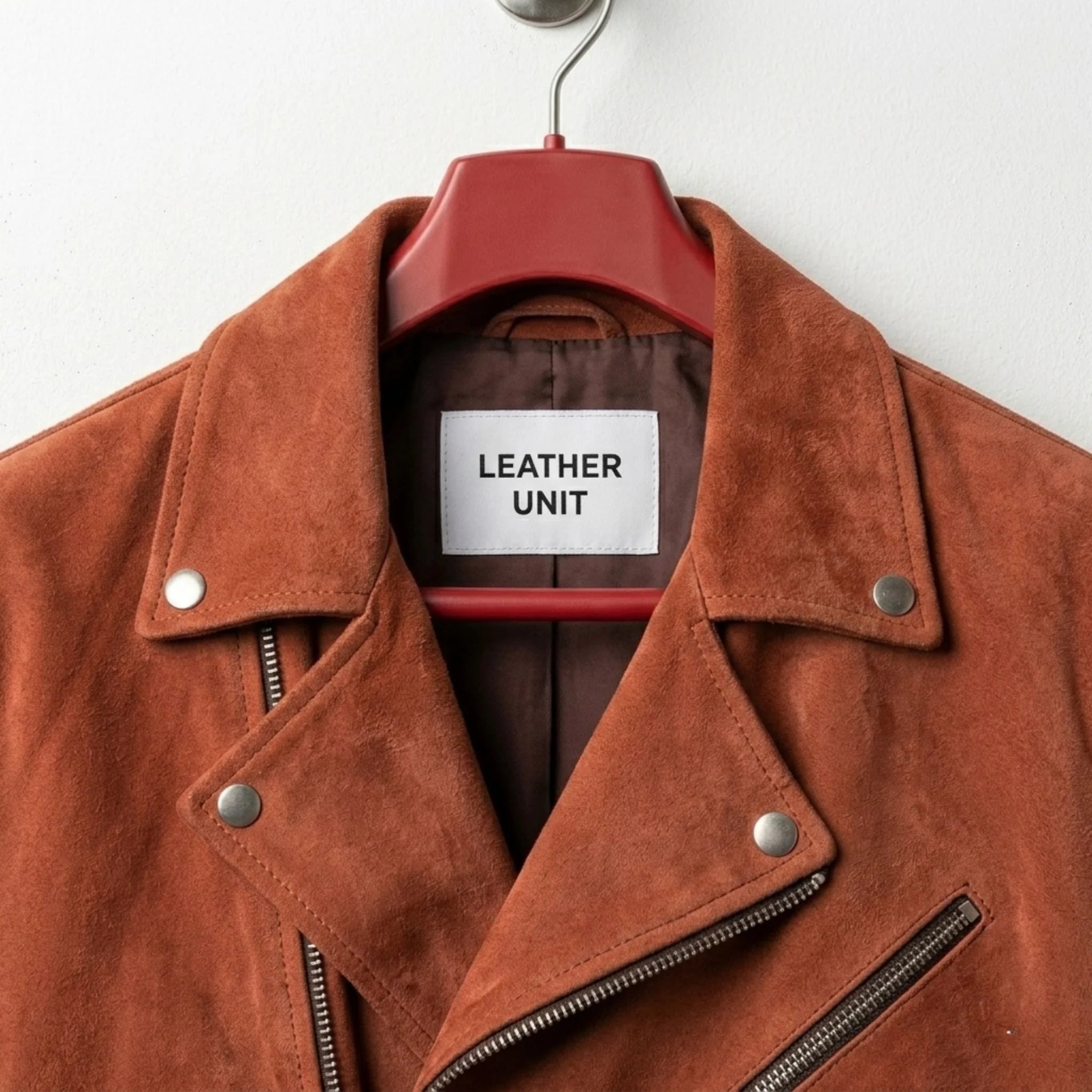 Close up of Leather Unit suede biker jacket collar with metal snaps
