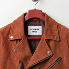 Close up of Leather Unit suede biker jacket collar with metal snaps