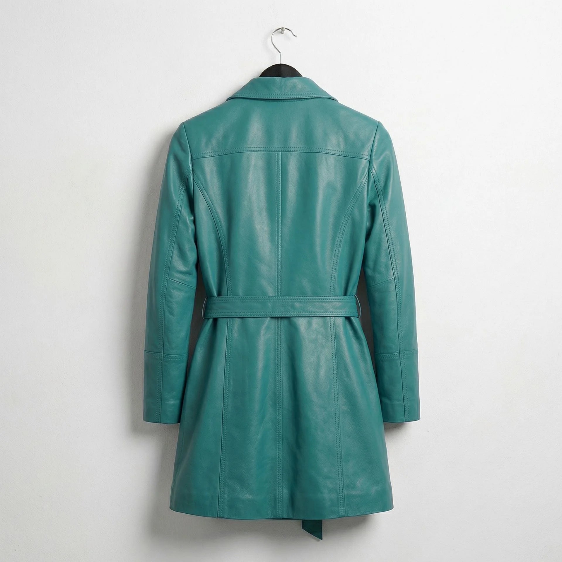 Back view of belted turquoise blue leather trench coat for women