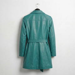 Back view of belted turquoise blue leather trench coat for women