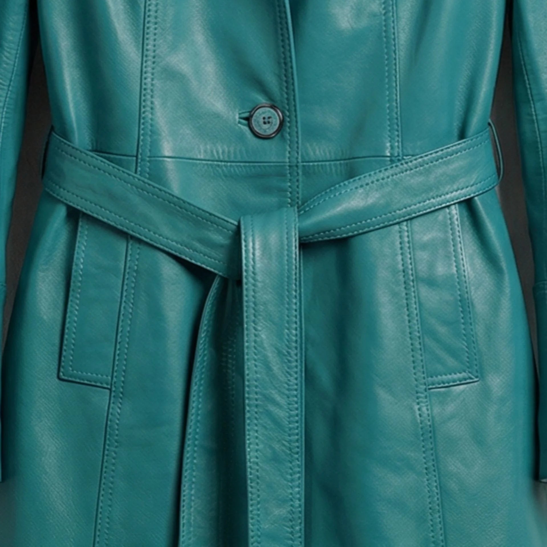 Belted waist and button front detail on women’s turquoise leather trench coat