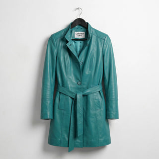 Front view of women’s turquoise lambskin leather trench coat by Leather Unit