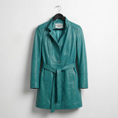 Front view of women’s turquoise lambskin leather trench coat by Leather Unit